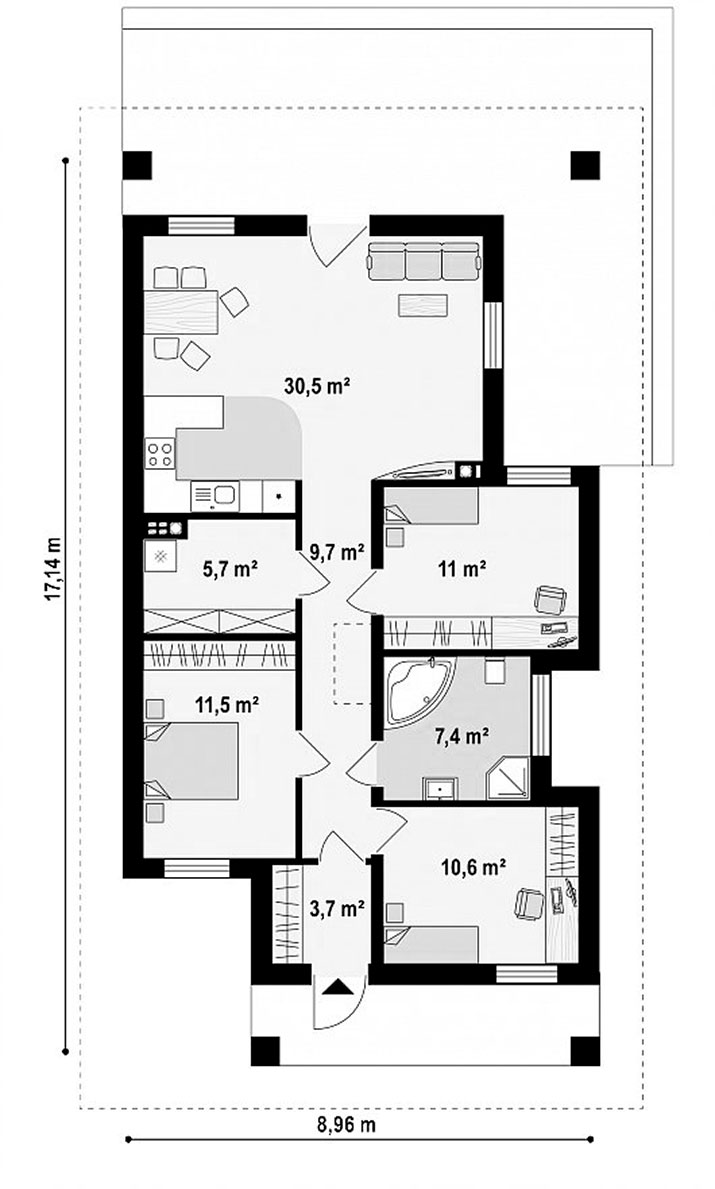 Одноэтажный жилой дом 90,1 м